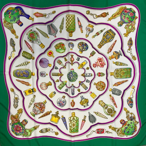 Hermes Green Multi Qu'Importe Le Flacon Print Square Silk Twill Scarf - Picture 5 of 11